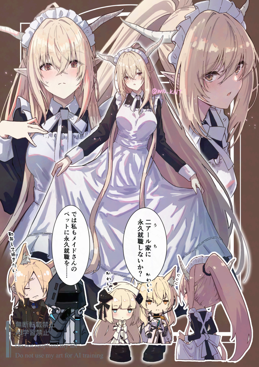 1boy 1other 3girls :o alternate_costume apron arknights black_dress blonde_hair blush breasts brown_background brown_eyes chibi chibi_inset collared_dress commentary_request demon_horns doctor_(arknights) dress embarrassed enmaided frilled_apron frills full_body hair_between_eyes hand_on_own_chest highres horns large_breasts long_hair long_sidelocks looking_at_viewer maid maid_apron maid_headdress mlynar_(arknights) multiple_expressions multiple_girls multiple_views nearl_(arknights) nearl_the_radiant_knight_(arknights) neck_ribbon nightingale_(arknights) ponytail ribbon shining_(arknights) sidelocks skirt_hold small_sweatdrop speech_bubble split_mouth translation_request twitter_username very_long_hair very_long_sidelocks watermark white_apron white_horns white_sleeve_cuffs wn_(wani-noko)