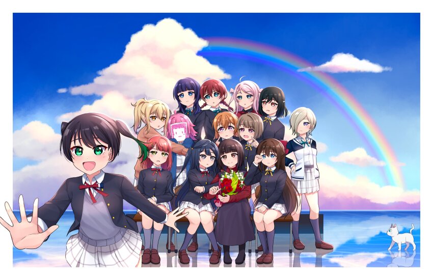 6+girls :d :o :| absurdres ahoge animal animification asaka_karin black_dress black_hair black_jacket black_sleeves black_socks black_thighhighs blazer blonde_hair blue_eyes blue_hair blue_jacket blue_sky blunt_bangs blunt_ends bouquet braid brown_cardigan brown_eyes brown_footwear brown_hair buttons cardigan cat chair closed_mouth cloud collared_shirt commentary covering_face d: dark_blue_hair drawing_(object) dress dress_shirt emma_verde finger_to_cheek flower frown gradient_hair green_eyes green_hair green_ribbon grey_eyes grey_sweater_vest group_picture hair_over_one_eye hanpen_(love_live!) hayashi_coco highres holding holding_bouquet holding_drawing horizon jacket kishimen_hair konoe_kanata letterman_jacket loafers long_dress long_hair long_sleeves looking_at_another love_live! love_live!_nijigasaki_high_school_idol_club low_twin_braids medium_hair mia_taylor mifune_shioriko miniskirt miyashita_ai multicolored_hair multiple_girls nakasu_kasumi neck_ribbon nijigasaki_school_uniform one_eye_covered open_clothes open_jacket open_mouth orange_eyes osaka_shizuku outside_border pinafore_dress pink_eyes pink_hair plaid_clothes plaid_skirt pleated_skirt purple_eyes rainbow real_life red_ribbon red_shirt reflective_floor ribbon rina-chan_board school_chair school_uniform shirt shoes sitting ska.harumi skirt sky sleeveless sleeveless_dress sleeves_past_fingers sleeves_past_wrists smile socks split_mouth standing sweater_vest symbol-only_commentary takasaki_yu tennoji_rina thighhighs turtleneck turtleneck_shirt twin_braids two-tone_hair two_side_up uehara_ayumu voice_actor voice_actor_connection white_jacket white_shirt white_skirt winter_uniform yellow_eyes yellow_ribbon yuki_setsuna zettai_ryouiki zhong_lanzhu |_|