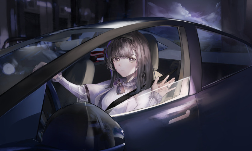 1girl absurdres arknights black_eyes black_hair black_hairband bright_pupils car closed_mouth commentary commission driving english_commentary hairband highres jewelry long_sleeves looking_at_viewer medium_hair motor_vehicle pixiv_commission priestess_(arknights) ring satismemory1223 seatbelt shirt sitting smile solo white_pupils white_shirt
