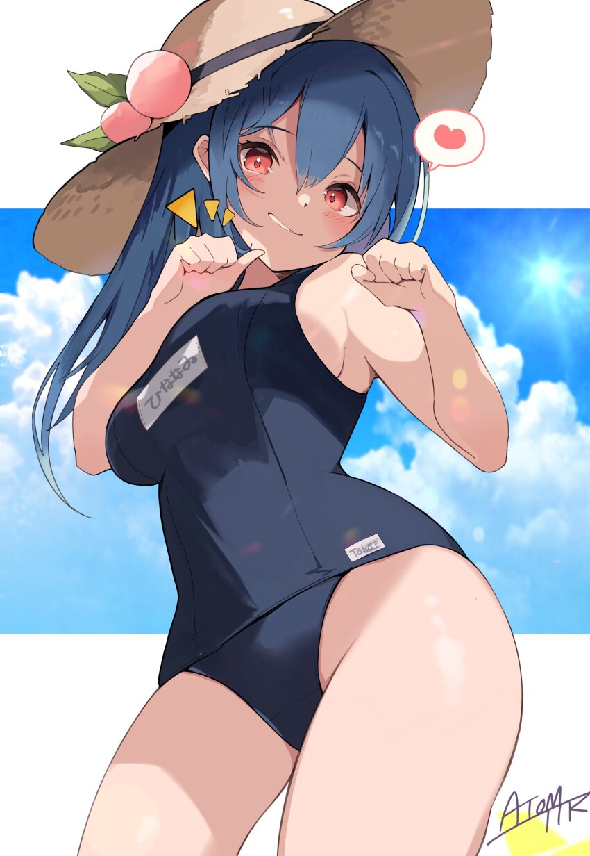 1girl absurdres ai-assisted alternate_costume black_one-piece_swimsuit blue_hair breasts brown_hat character_name clothes_writing cloud commentary_request contrapposto cowboy_shot day food fruit groin hair_between_eyes hands_up hat hat_ornament heart highres hinanawi_tenshi long_hair looking_at_viewer medium_breasts notice_lines one-piece_swimsuit paw_pose peach peach_hat_ornament red_eyes school_swimsuit sideboob smile solo spoken_heart standing straw_hat sun sun_hat sunlight swimsuit tetsurou_(fe+) touhou translated