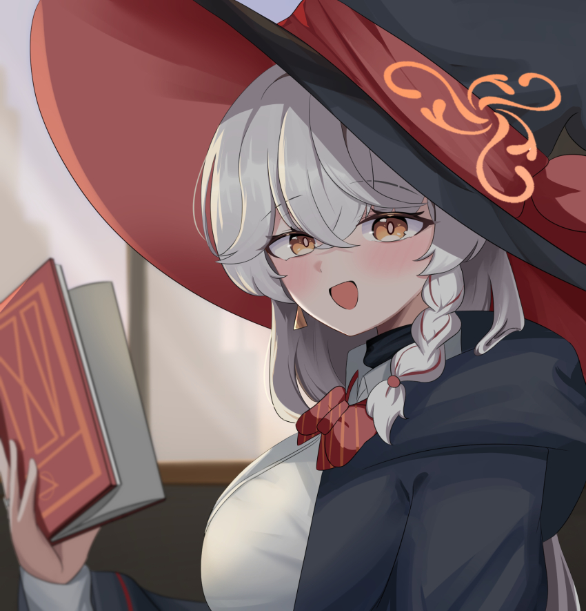 1girl black_robe blue_archive blush book braid breasts collared_shirt eri_(blue_archive) hair_between_eyes halo hat highres holding holding_book large_breasts long_sleeves looking_at_viewer open_mouth orange_eyes orange_halo robe sabnak66 shirt side_braid smile solo white_hair white_shirt witch_hat