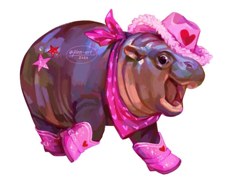 animal_focus artist_name bandana black_eyes boots commission cowboy_hat hat heart highres hippopotamus moo_deng open_mouth pien-art pink_bandana pink_boots real_life realistic simple_background star_(symbol) white_background