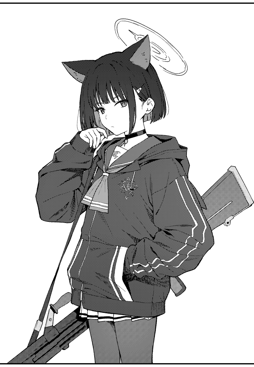 1girl animal_ears blue_archive bren_lmg cat_ears choker closed_mouth cowboy_shot extra_ears greyscale gun hair_ornament hairclip halo hand_in_pocket highres hood hood_down hooded_jacket jacket kazusa_(blue_archive) light_machine_gun long_sleeves looking_at_viewer machine_gun mikazuchi_zeus monochrome pantyhose pleated_skirt short_hair skirt solo weapon
