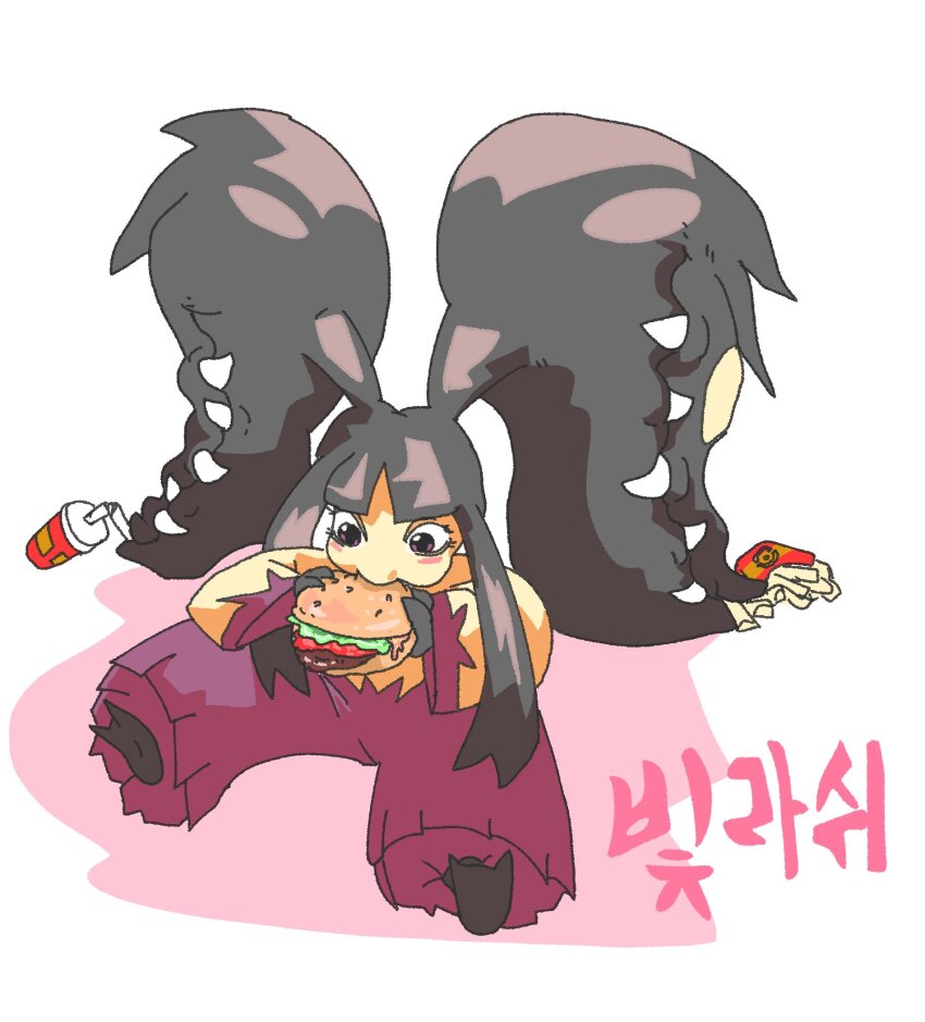 1girl big_hair black_hair black_skin brown_eyes burger colored_skin eating extra_mouth food full_body gen_3_pokemon highres holding holding_burger holding_food living_hair long_hair looking_at_object mawile mega_mawile mega_pokemon nintendo pokemon pokemon_(creature) positibe purple_skin simple_background sitting solo white_background yellow_skin