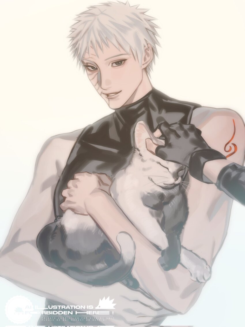 2boys alternate_hair_color animal animal_hug black_eyes black_gloves cat colored_skin eluspac_maru fingerless_gloves gloves hatake_kakashi highres holding holding_animal holding_cat looking_at_viewer male_focus multicolored_skin multiple_boys naruto_(series) naruto_shippuuden petting scar scar_on_face short_hair sleeveless smile spiked_hair tattoo teeth two-tone_fur two-tone_skin uchiha_obito white_hair white_skin