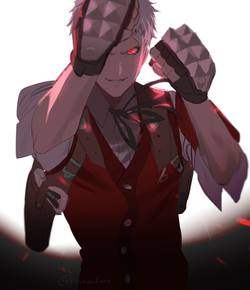 1boy bandaid bandaid_on_face bandaid_on_forehead black_gloves black_ribbon commentary_request evil_smile fighting_stance fingerless_gloves gekkoukan_high_school_uniform gloves glowing glowing_eyes grey_hair highres looking_at_viewer male_focus neck_ribbon parted_lips persona persona_3 prsnmikuro red_eyes red_sweater_vest ribbon sanada_akihiko school_uniform shirt short_hair sleeves_rolled_up smile solo spiked_knuckles sweater_vest upper_body white_shirt