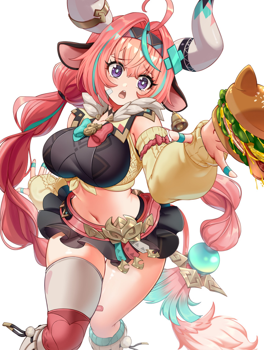 1girl ahoge animal_ears aqua_hair bandaid bell belt black_skirt bow braid breasts bright_pupils burger cow_ears cow_girl cow_horns cow_tail cowbell cowboy_shot detached_sleeves fingerless_gloves food fur_trim genshin_impact gloves hair_ornament hairband highres horns large_breasts leg_warmers long_hair midriff multicolored_hair nataly-b navel open_mouth pink_belt pink_hair purple_eyes simple_background single_thighhigh skirt streaked_hair tail teeth thighhighs twin_braids upper_teeth_only varesa_(genshin_impact) white_background white_leg_warmers wide-eyed yellow_sleeves