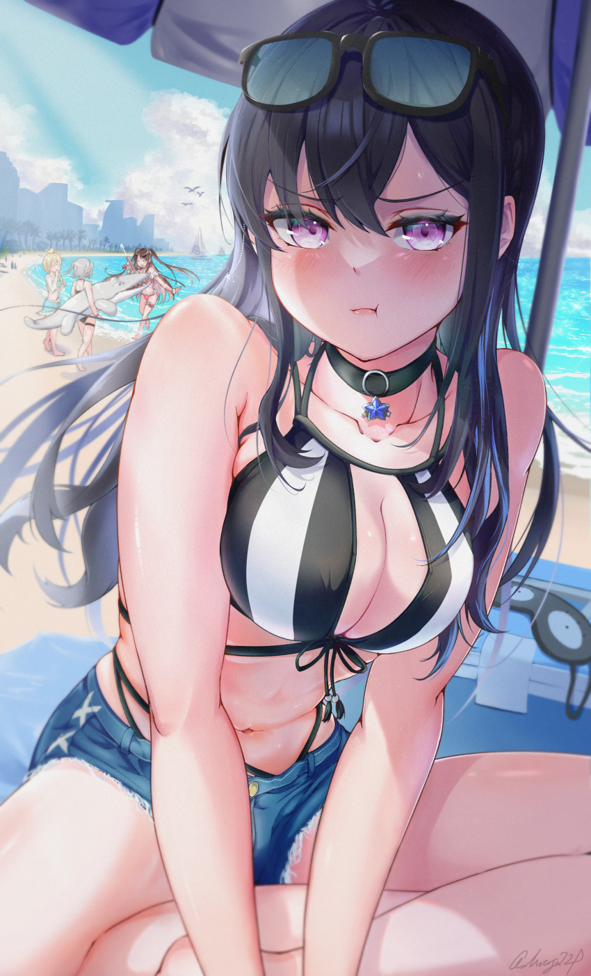 4girls absurdres beach beach_umbrella bikini black-framed_eyewear black_bikini black_collar black_hair blue_hair blue_shorts blush breasts center_opening cityscape cloud collar cutoffs day denim denim_shorts eyewear_on_head front-tie_bikini_top front-tie_top frown highres ichinose_uruha ichinose_uruha_(summer_c102) indian_style kaga_nazuna kaga_nazuna_(summer_c102) kaga_sumire kaga_sumire_(summer_c102) kogara_toto kogara_toto_(summer_c102) long_hair looking_at_viewer medium_breasts motoja_72p multi-strapped_bikini_bottom multi-strapped_bikini_top multicolored_hair multiple_girls navel ocean outdoors pout purple_eyes short_shorts shorts signature sitting sky smile solo_focus standing stomach stuffed_animal stuffed_crocodile stuffed_toy sunglasses swimsuit thighs umbrella v_arms virtual_youtuber vspo! white_bikini