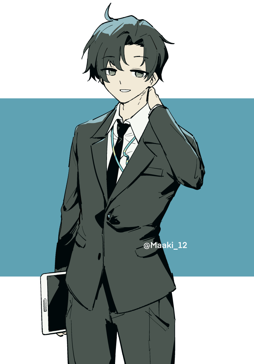 1boy absurdres black_hair black_necktie black_pants black_suit blue_archive blue_archive_the_animation blue_background collared_shirt commentary cowboy_shot formal_clothes grey_eyes hand_on_own_neck highres holding holding_tablet_pc light_smile long_sleeves looking_at_viewer maaki12 male_focus muted_color necktie pants parted_lips romaji_commentary sensei_(blue_archive) sensei_(blue_archive_the_animation) shirt short_hair simple_background smile solo suit tablet_pc twitter_username two-tone_background watermark white_background