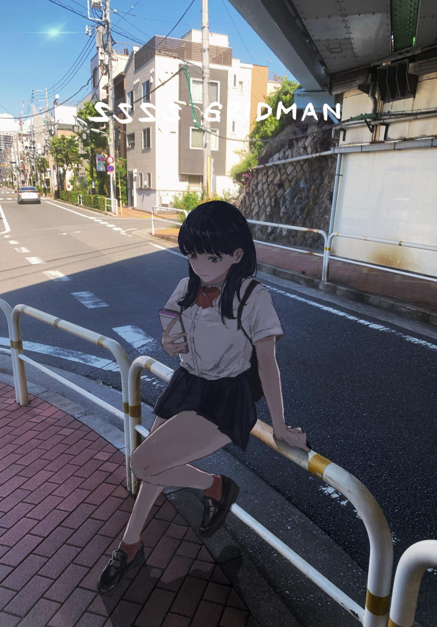 1girl absurdres against_railing armald0 backpack bag black_hair black_skirt blue_eyes blue_sky bow building car cellphone commentary copyright_name gridman_universe highres holding holding_phone intersection loafers long_hair looking_at_phone motor_vehicle outdoors phone pleated_skirt railing red_bow red_socks road school_uniform shirt shoes skirt sky smartphone socks solo ssss.gridman street takarada_rikka white_shirt