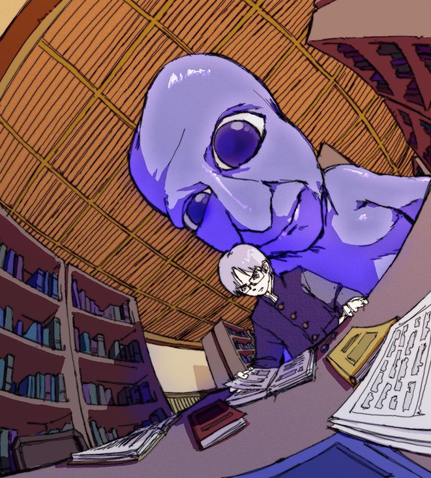 &gt;:( 1boy ao_oni blue_oni book bookshelf ceiling creature glasses grey_hair hiroshi_(ao_oni) key looking_down oni open_book pantsu-ripper purple_eyes reading table the_oni_(ao_oni) uniform v-shaped_eyebrows
