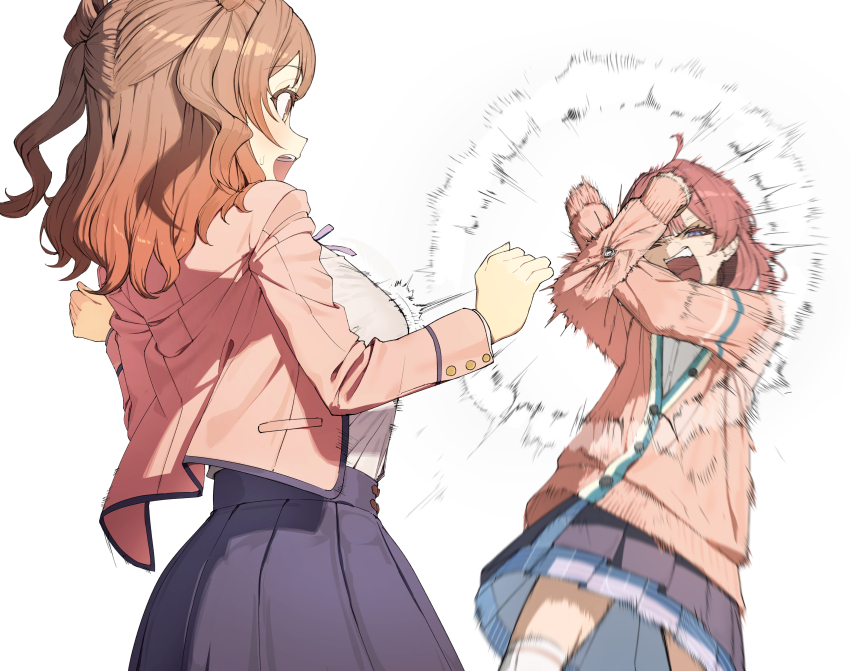 2girls absurdres ahoge black_overskirt blazer blocking blue_skirt brown_hair cardigan gakuen_idolmaster hanami_saki hanami_ume hatsuboshi_gakuen_school_uniform highres idolmaster inoshishi969 jacket long_hair long_sleeves multiple_girls open_mouth popped_button school_uniform shockwave siblings simple_background sisters skirt sweatdrop white_background