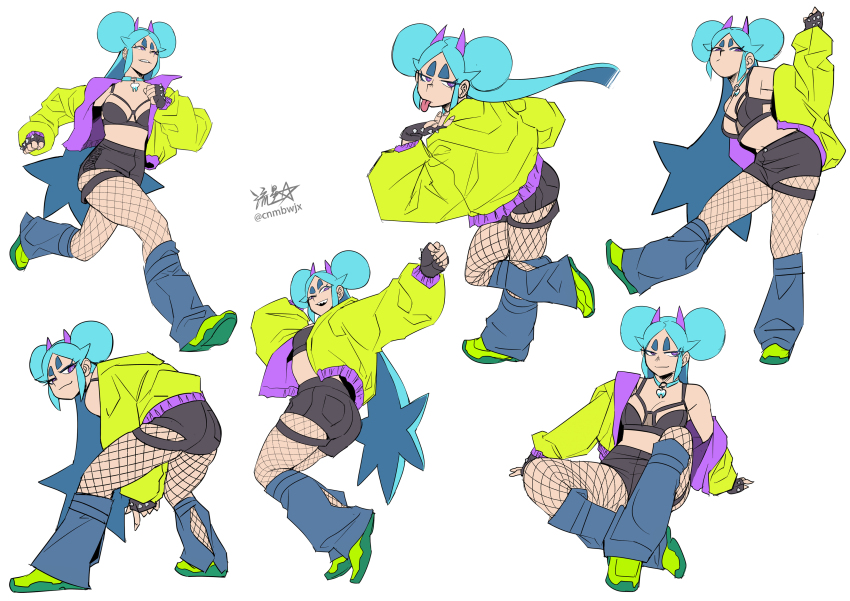 1girl absurdres blue_hair breasts commentary crop_top double_bun english_commentary fingerless_gloves fishnet_pantyhose fishnets gloves hair_bun highres horns jacket jewelry kneehighs long_hair looking_at_viewer loose_socks medium_breasts midriff multiple_views necklace off_shoulder original pantyhose purple_horns running ryuusei_(mark_ii) shorts shrimball_(ryuusei_(mark_ii)) signature sitting socks spiked_gloves standing tongue tongue_out tooth_necklace very_long_hair white_background yellow_jacket