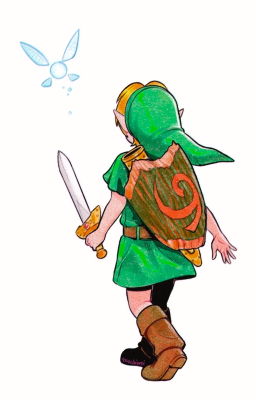1boy belt boots deku_shield fairy from_behind full_body hat highres holding holding_sword holding_weapon kokiri_sword link mochiwei navi nintendo shield shield_on_back solo sword the_legend_of_zelda the_legend_of_zelda:_ocarina_of_time tunic walking weapon white_background
