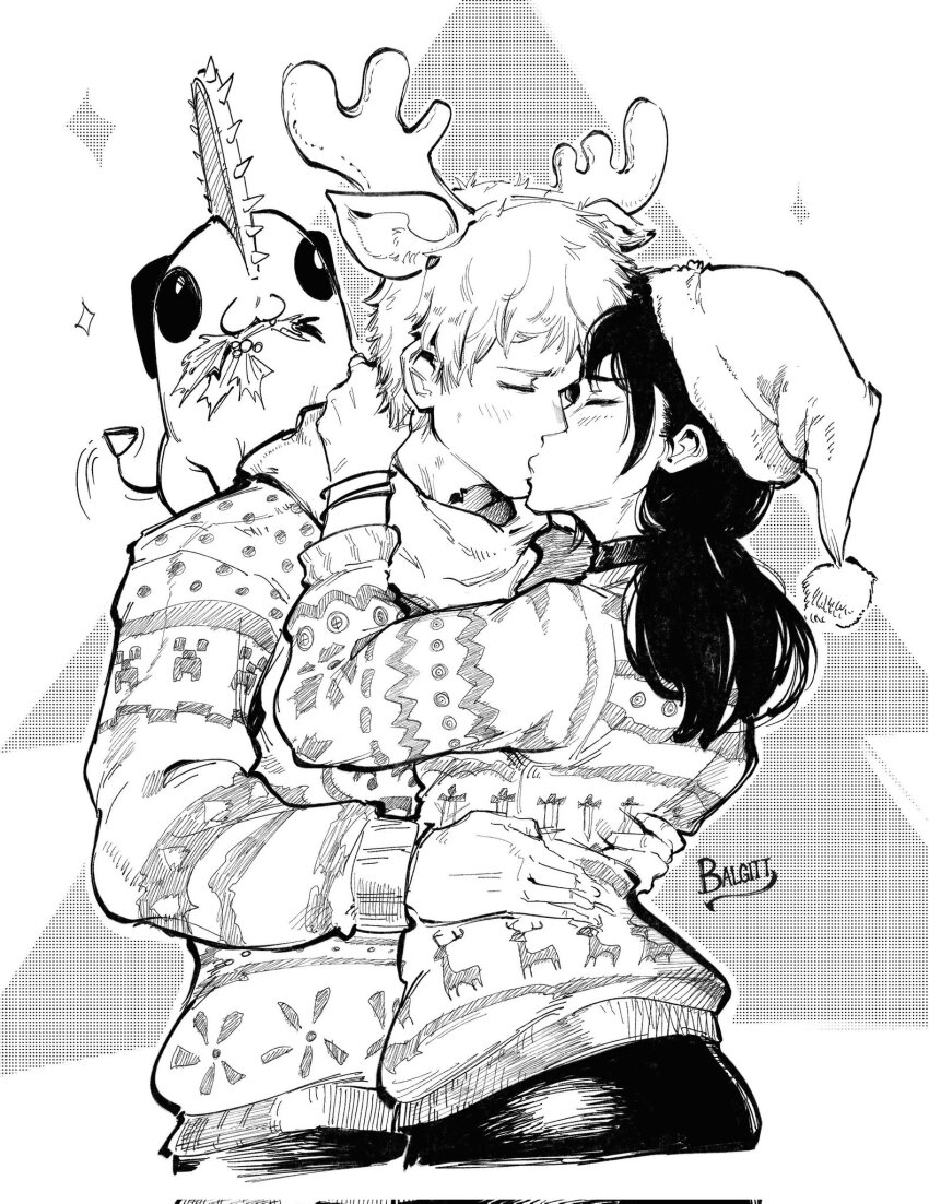 1boy 1girl animal_ears antlers artist_name chainsaw_man christmas_sweater closed_eyes deer_ears denji_(chainsaw_man) fake_animal_ears fake_antlers greyscale hat hetero highres horns kiss long_hair mitaka_asa monochrome pochita_(chainsaw_man) reindeer_antlers santa_hat short_hair victorbalgitt