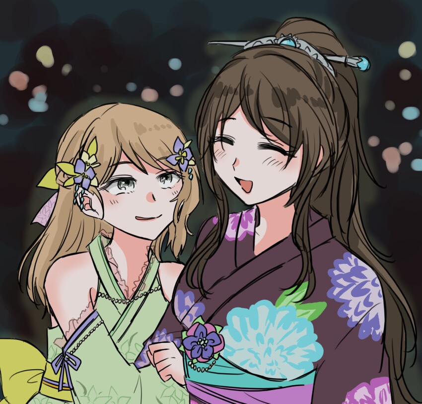 2girls :d ^_^ arm_hug arms_at_sides assault_lily back_bow bare_shoulders blush bow breasts brown_hair closed_eyes closed_mouth commentary detached_sleeves floral_print flower green_kimono grey_eyes hair_flower hair_ornament hair_ribbon hair_stick hands_up high_ponytail highres iijima_renka japanese_clothes kimono light_brown_hair long_sleeves looking_at_another medium_breasts multiple_girls night obi official_alternate_costume official_alternate_hairstyle open_mouth outdoors parted_lips ponytail print_kimono print_ribbon purple_flower purple_kimono purple_ribbon ribbon sash serizawa_chikaru side-by-side sidelocks sleeveless sleeveless_kimono smile symbol-only_commentary upper_body yamada_(ymdgrak) yellow_bow yellow_flower yellow_ribbon
