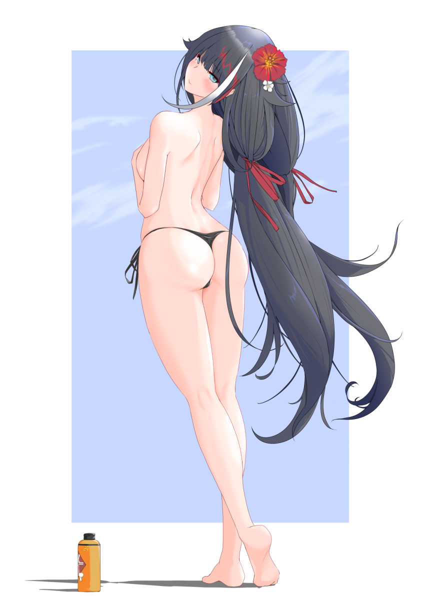 ass azur_lane barefoot bikini black_hair blue_eyes breasts deutschland_(azur_lane) deutschland_(service_time?!)_(azur_lane) flower hair_flower hair_ornament hibiscus highres lace_bikini long_hair lotion_bottle multicolored_hair no_bra official_alternate_costume p.i.t.d red_flower side-tie_bikini_bottom streaked_hair swimsuit thong_bikini
