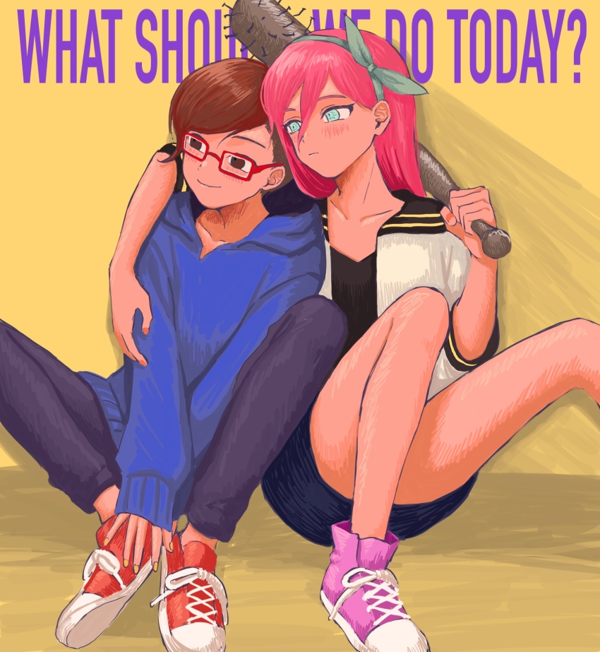 2girls alternate_footwear aqua_eyes aqua_headband aqua_headwear aubrey_(faraway)_(omori) aubrey_(omori) baseball_bat black_sailor_collar black_shirt blue_hoodie brown_eyes closed_mouth denim denim_skirt english_text glasses hair_between_eyes hand_on_another&#039;s_arm headband highres holding holding_baseball_bat hood hoodie kim_(omori) knees_apart_feet_together knees_up long_hair looking_to_the_side multiple_girls nail nail_(hardware) nail_bat nail_polish omori pants pink_hair purple_pants red-framed_eyewear red_footwear renshu_usodayo sailor_collar shirt shoelaces short_hair sitting skirt three-quarter_sleeves smile swept_bangs tan tomboy yellow_background yellow_nails