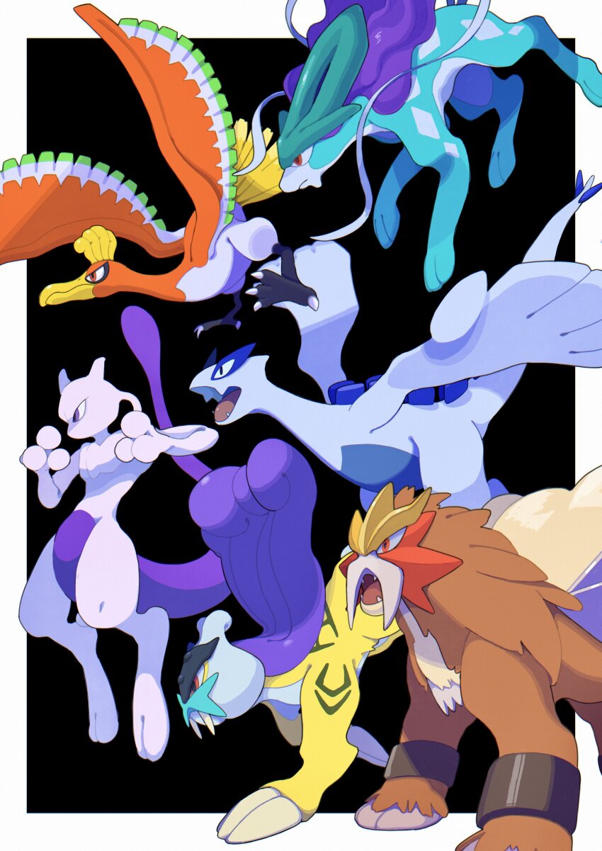 absurdres bird black_background black_eyes border closed_mouth commentary_request entei fangs frown gen_1_pokemon gen_2_pokemon gogot highres ho-oh legendary_pokemon lugia mewtwo nintendo no_humans open_mouth pokemon pokemon_(creature) purple_eyes raikou red_eyes suicune talons tongue white_border