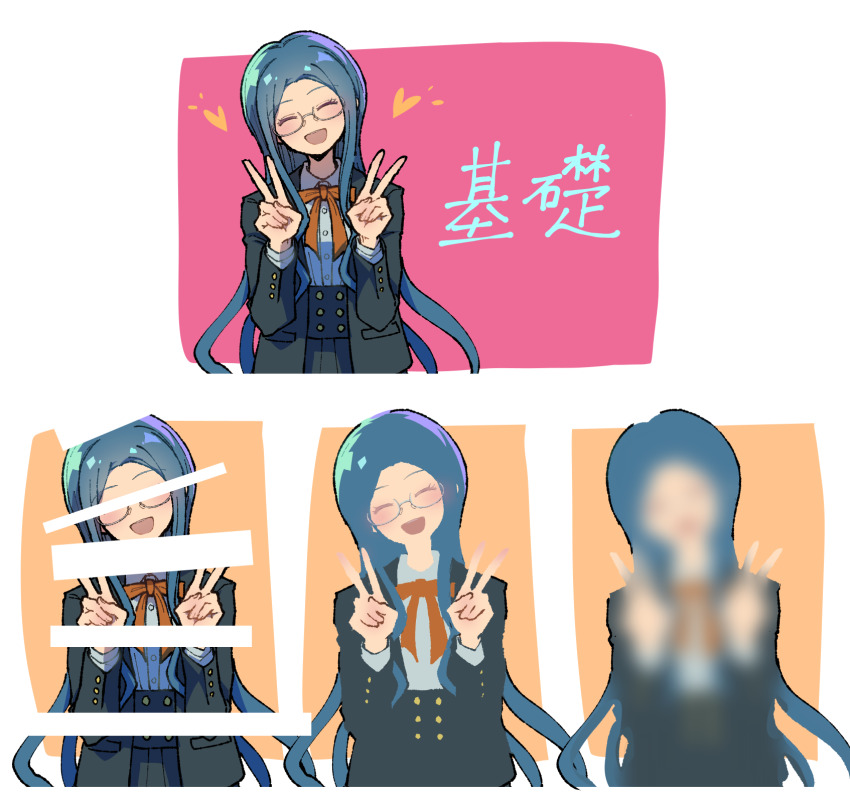 1girl :d black_jacket black_skirt blurry collared_shirt danganronpa_(series) danganronpa_v3:_killing_harmony double_v glasses heart highres jacket long_hair multiple_views open_clothes open_jacket open_mouth orange_background pink_background shirogane_tsumugi shirt skirt smile translation_request v white_background youko-shima