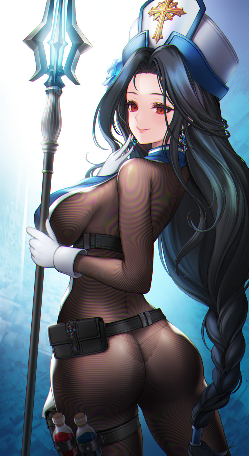 1girl absurdres ass belt black_bodysuit black_hair blue_background bodysuit breasts commentary cross cross_earrings earrings english_commentary fine_fabric_emphasis gloves goddess_of_victory:_nikke hat highres holding holding_staff ice_flower jewelry large_breasts long_hair maiden_(ice_rose)_(nikke) maiden_(nikke) mitre official_alternate_costume panties panties_visible_through_clothes potion pouch red_eyes revision see-through_bodystocking sideboob solo staff thigh_pouch thighs thong toriseru_(rare_stone) underbust underwear utility_belt white_gloves