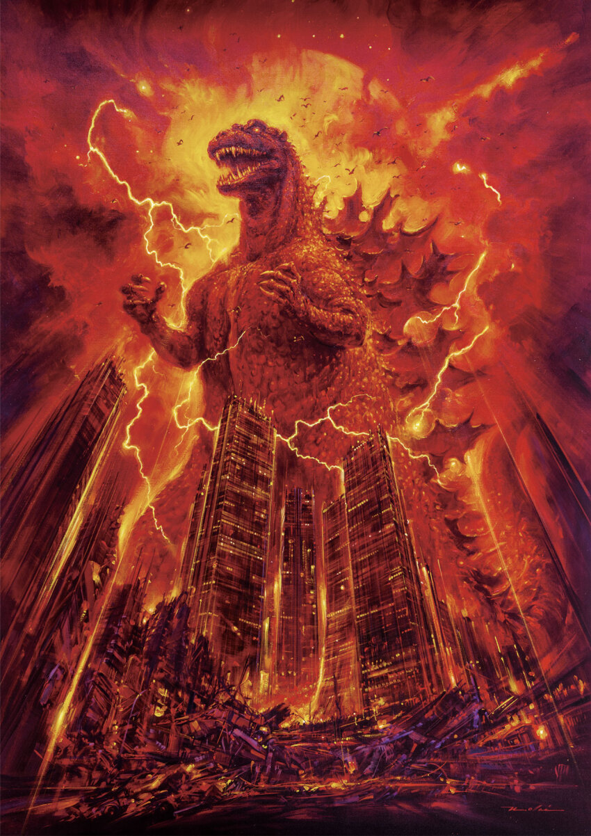 bird building city destruction dinosaur electricity energy epic fangs glowing glowing_eyes godzilla godzilla_(series) highres kaiju movie_poster no_humans no_pupils official_art ohrai_noriyoshi orange_electricity orange_eyes red_sky seagull sharp_teeth sky skyscraper spikes tail teeth textless_version the_return_of_godzilla toho