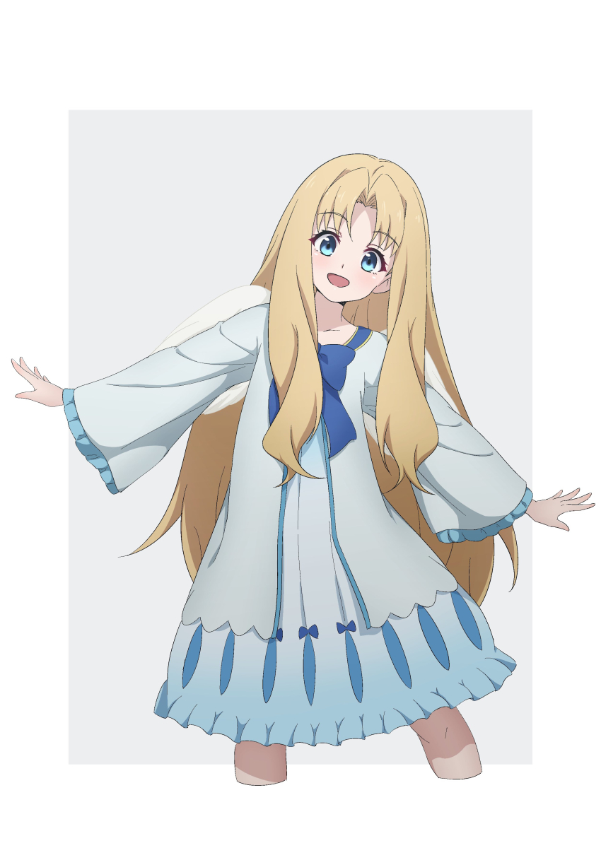1girl :d absurdres bird_wings blonde_hair blue_bow blue_dress blue_eyes border bow chest_bow commentary_request cowboy_shot cropped_legs dress eyelashes feathered_wings filo_(tate_no_yuusha_no_nariagari) frilled_dress frills gradient_clothes gradient_dress grey_background head_tilt highres long_hair long_sleeves nishizuki_shino open_mouth outside_border simple_background smile solo standing straight-on tate_no_yuusha_no_nariagari white_border white_dress white_wings wings