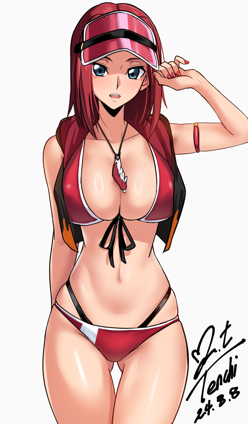 1girl absurdres alternate_costume artist_name ass bikini blue_eyes breasts cleavage code_geass code_geass:_lost_stories commentary curvy dated front-tie_bikini_top front-tie_top gluteal_fold green_eyes hat highres kouzuki_kallen large_breasts multi-strapped_bikini_bottom official_alternate_costume red_bikini red_hair red_hat red_vest revision shiny_skin short_hair signature solo straight_hair swimsuit thong thong_bikini variant_set vest visor_cap wide_hips yoo_tenchi