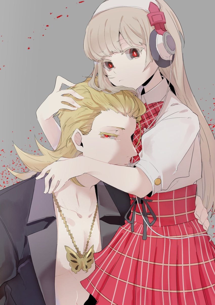 1boy 1girl black_jacket bow butterfly_necklace collared_shirt eyebrows_hidden_by_hair grey_hair hand_on_ass headphones highres hug jacket long_hair looking_at_viewer matsunae_tsugumi no_shirt open_clothes open_jacket red_bow red_eyes red_skirt school_uniform shiba_(ntwewy) shin_subarashiki_kono_sekai shirt skirt subarashiki_kono_sekai upper_body white_shirt