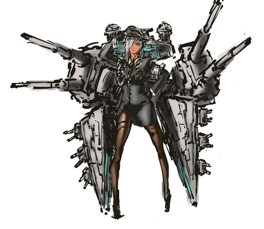 10s 1girl animification breasts female_focus hairband hat highres jacket kantai_collection lanyard large_breasts mecha_musume medal nameo_(judgemasterkou) necktie pantyhose peaked_cap personification skirt solo star_destroyer star_wars white_hair