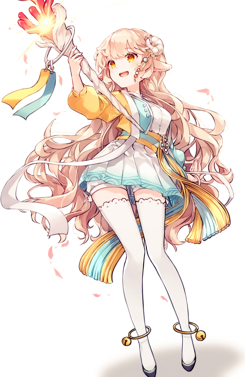 1girl :d absurdres animal_ears ankle_bell asymmetrical_sleeves beads black_shoes bloomers blue_sash breasts brown_hair cropped_jacket curled_horns dress full_body gold_anklet hair_beads hair_ornament highres holding holding_staff horns lara_(maplestory) large_breasts long_hair maplestory mismatched_sleeves miyu_(miy_u1308) multicolored_sash open_mouth pleated_dress sash sheep_ears sheep_girl sheep_horns shoes simple_background smile solo staff standing tachi-e thighhighs two-tone_sash underwear very_long_hair white_background white_bloomers white_dress white_horns white_thighhighs yellow_eyes yellow_sash