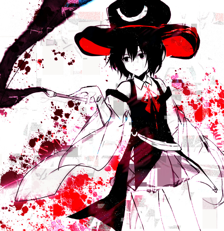 1other androgynous black_coat black_eyes black_hair black_hat blood blood_splatter calligraphy_brush closed_mouth coat coattails collared_shirt cowboy_shot detached_sleeves dot_nose enraku_tsubakura euthan expressionless eye_of_senri glitch hair_between_eyes hakama hakama_short_skirt hakama_skirt hat highres holding holding_calligraphy_brush holding_paintbrush ink japanese_clothes len&#039;en liquid_from_eyes long_sleeves looking_to_the_side neck_ribbon other_focus paintbrush painting_(action) purple_hakama red_hat red_ribbon ribbon ribbon-trimmed_coat ribbon_trim shirt short_hair skirt sleeveless sleeveless_coat sleeveless_shirt solo top_hat two-sided_fabric two-sided_headwear white_background white_shirt white_sleeves wide_sleeves