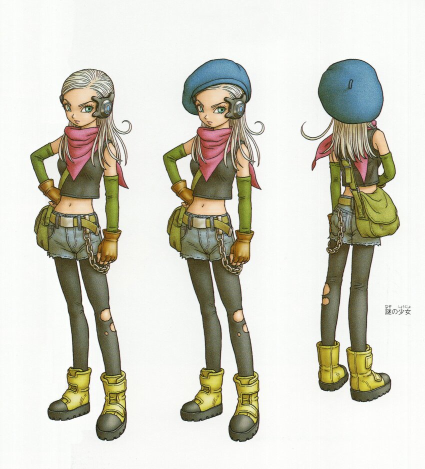 1girl absurdres ankle_boots arm_at_side bag bare_shoulders belt wallet_chain beret black_pantyhose black_tank_top blue_eyes blue_hat boots breasts brown_gloves chain character_request reference_sheet clenched_hands closed_mouth commentary denim denim_shorts detached_sleeves dragon_quest dragon_quest_monsters dragon_quest_monsters_joker_3 facing_away facing_viewer fingerless_gloves from_behind full_body gloves green_bag green_belt green_sleeves hair_over_shoulder hand_on_own_hip hat headset highres long_hair midriff navel neckerchief official_art pantyhose parted_bangs pink_lips pink_neckerchief platform_boots platform_footwear raised_eyebrow serious shorts shoulder_bag sideways_glance simple_background small_breasts solo straight_hair tank_top toriyama_akira torn_clothes torn_pantyhose tsurime velcro_footwear white_background white_hair yellow_boots