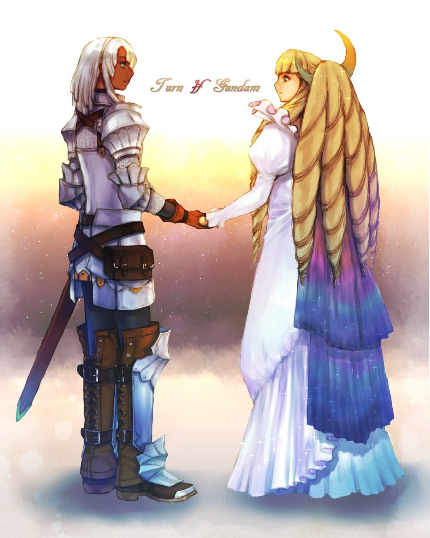 1boy 1girl armor armored_boots blonde_hair boots breastplate copyright_name couter crescent crescent_hair_ornament dark-skinned_male dark_skin dianna_soreil dress drill_hair faulds full_body gloves green_eyes gundam hair_ornament hairband highres holding_hands looking_at_another loran_cehack pauldrons shoulder_armor smile standing sword takeda_yuuko turn_a_gundam weapon white_dress white_hair