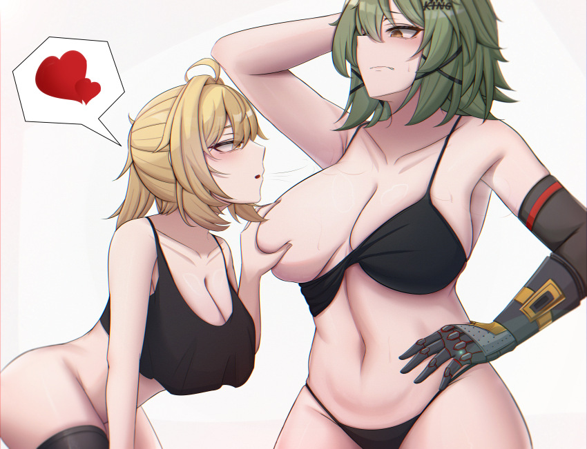 2girls absurdres azmax black_bra black_panties black_tank_top black_thighhighs blonde_hair bottomless bra bra_pull breasts caesar_king_(zenless_zone_zero) cleavage clothes_pull collarbone commentary_request grabbing_another&#039;s_breast green_hair groping heart highres looking_at_another luciana_de_montefio medium_hair multiple_girls navel one_breast_out orange_eyes panties prosthesis prosthetic_arm short_hair simple_background spoken_heart stomach tank_top thighhighs thighs underwear white_background yuri zenless_zone_zero