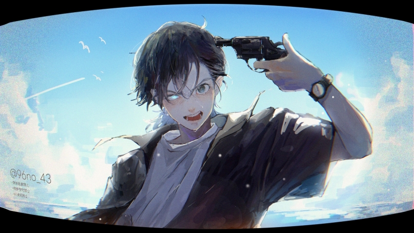 1boy :o ajiro_shinpei bird black_jacket blue_eyes day gun gun_to_head heterochromia holding holding_gun holding_weapon jacket kurono_shimi looking_at_viewer male_focus outdoors summertime_render twitter_username watch weapon wristwatch