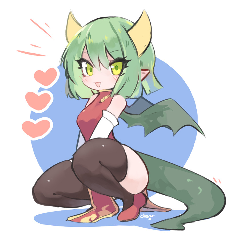 1girl :d black_thighhighs ceroro china_dress chinese_clothes draco_centauros dragon_girl dragon_horns dragon_tail dragon_wings dress female_focus footwear_request green_eyes green_tail green_wings hair_between_eyes heart highres horns looking_at_viewer medium_hair open_mouth pointy_ears puyopuyo red_dress simple_background smile solo tail thighhighs white_background wings