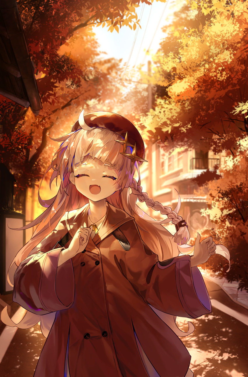 1girl :d a.i._voice absurdres ap04astral autumn blunt_bangs braid closed_eyes coat commentary_request dated_commentary day facing_viewer fang grey_hair hair_ornament hat highres kizuna_akari kizuna_akari_(tsubomi) leaf long_hair long_sleeves open_mouth outdoors power_lines red_coat red_hat skin_fang smile solo star_(symbol) star_hair_ornament thick_eyebrows tree twin_braids upper_body voiceroid wide_sleeves