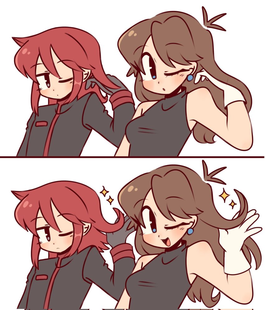 1boy 1girl black_gloves blush breasts closed_mouth earrings gloves green_(pokemon) grey_eyes hair_flip highres jewelry long_hair long_sleeves looking_at_viewer nintendo one_eye_closed open_mouth pokemon pokemon_adventures red_hair silver_(pokemon) simple_background sleeveless small_breasts smile sofo_soup sparkle white_background white_gloves