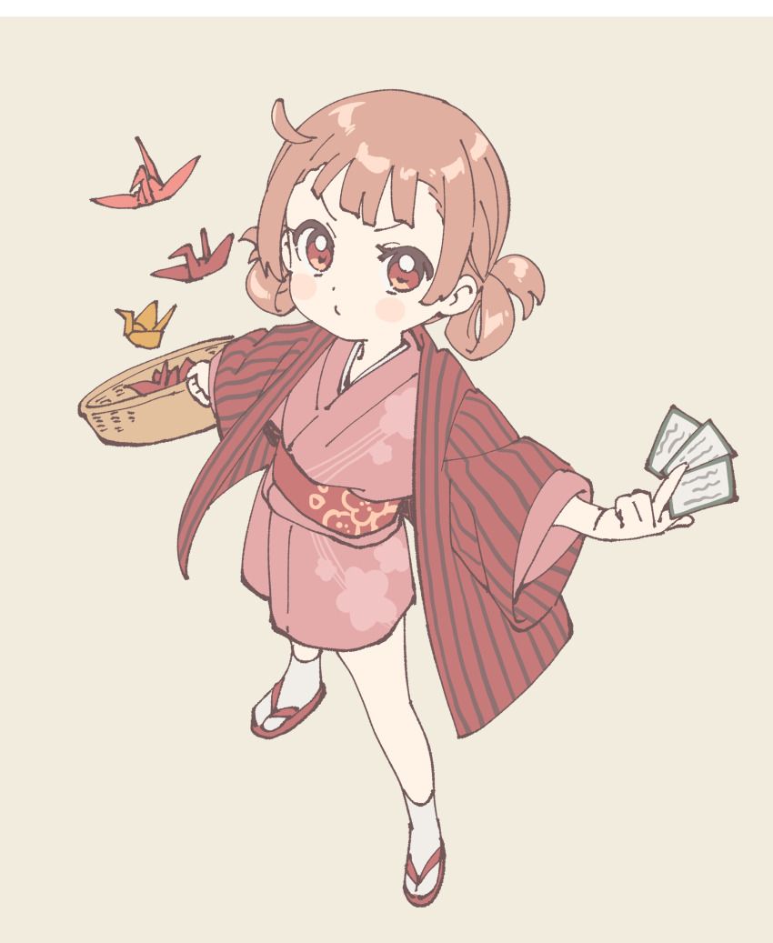 1girl absurdres basket blush_stickers brown_hair card center-flap_bangs child floating floating_object floral_print floral_print_kimono floral_print_sash grey_background hair_rings haori highres holding holding_basket holding_card jacket japanese_clothes karuta_(card_game) kimono long_sleeves looking_at_viewer namori obi origami original paper_crane pink_kimono print_kimono puckered_lips red_eyes red_haori red_sash sandals sash short_kimono simple_background solo striped_clothes striped_jacket tabi v-shaped_eyebrows wide_sleeves zouri