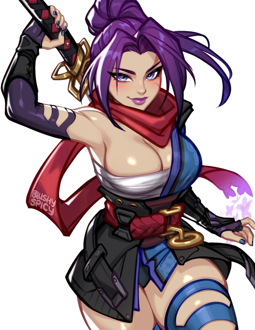1girl bandages blushyspicy breasts chest_sarashi elbow_gloves gloves highres holding holding_sword holding_weapon large_breasts leotard long_hair looking_at_viewer marvel marvel_rivals psylocke psylocke_(sai) purple_eyes purple_hair sarashi shiny_skin single_bare_shoulder solo superhero_costume sword weapon x-men