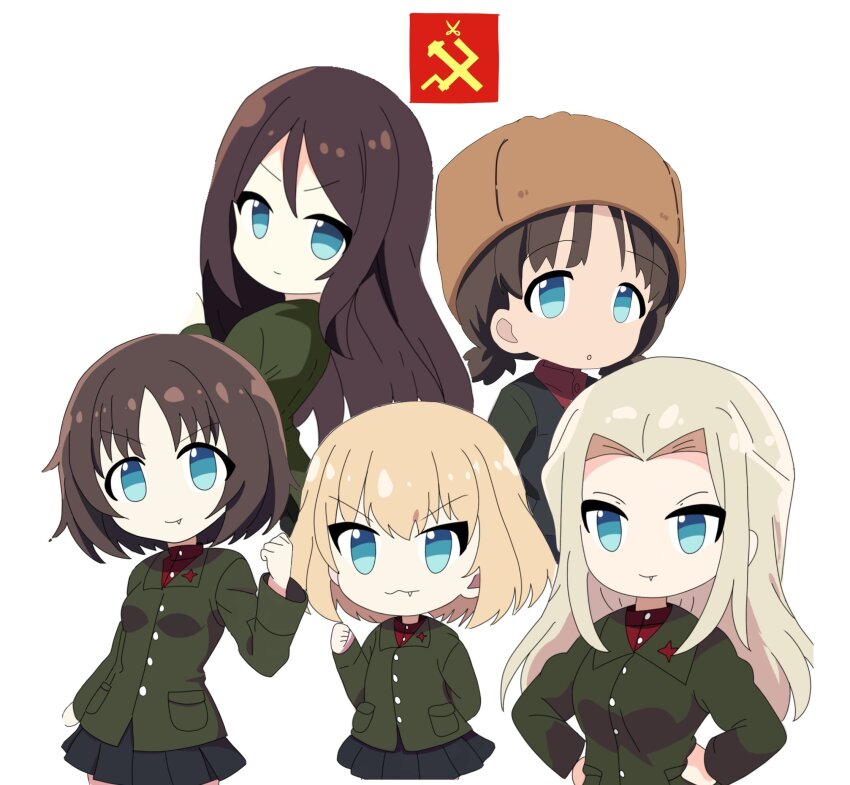 5girls alina_(girls_und_panzer) arm_behind_back black_skirt blonde_hair blue_eyes brown_hair brown_hat chibi chibi_only clara_(girls_und_panzer) emblem girls_und_panzer green_jacket hands_on_own_hips hat highres jacket katyusha_(girls_und_panzer) long_hair looking_at_viewer miniskirt multiple_girls nina_(girls_und_panzer) nonna_(girls_und_panzer) parakeet5254 pravda_(emblem) pravda_school_uniform red_skirt school_uniform short_hair short_twintails skirt twintails ushanka