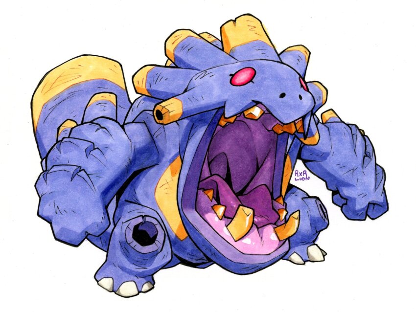 artist_name blue_skin colored_skin commentary creatures_(company) english_commentary exploud fangs game_freak gen_3_pokemon highres nintendo open_mouth pokemon pokemon_(creature) railroadlion red_eyes simple_background skin_fangs standing tail teeth tongue white_background