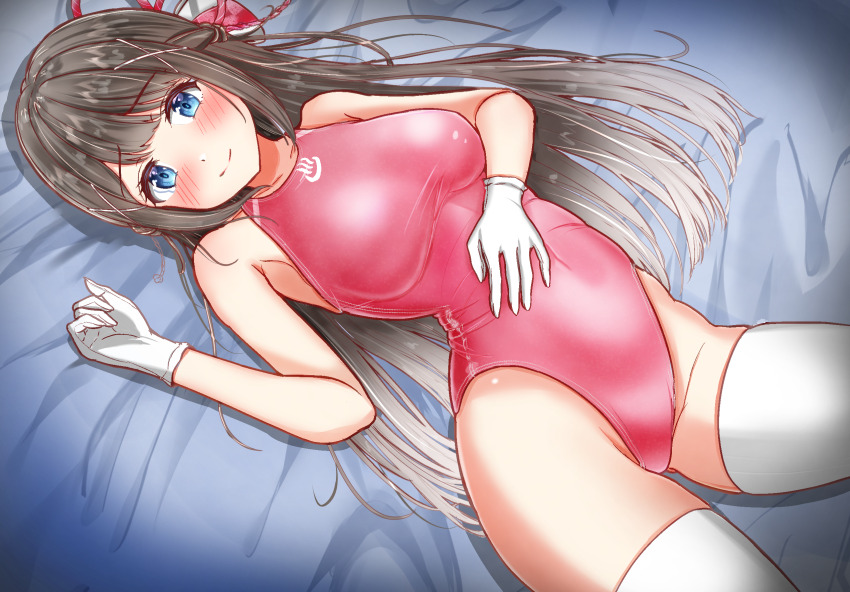 1girl black_hair blue_eyes breasts charomi competition_swimsuit cowboy_shot gloves gradient_hair hair_ribbon hand_on_own_stomach highleg highleg_one-piece_swimsuit highres long_hair lying medium_breasts multicolored_hair one-piece_swimsuit onsen_musume red_one-piece_swimsuit ribbon solo swimsuit thighhighs white_gloves white_hair white_thighhighs yubara_sawa