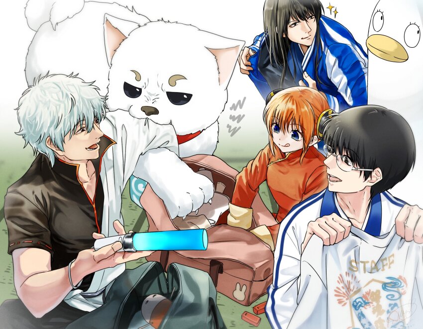 1girl 3boys bag black_hair blue_jacket bracelet cat claws elizabeth_(gintama) fangs gintama hair_between_eyes highres holding holding_shirt holding_unworn_clothes jacket jewelry kagura_(gintama) katsura_kotarou long_hair messy_hair multiple_boys open_mouth orange_hair sadaharu sakata_gintoki shimura_shinpachi shinomy shirt short_hair smile unworn_shirt white_jacket