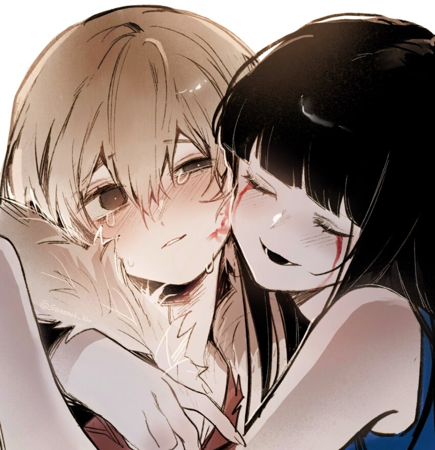 1boy 1girl black_hair blonde_hair blood blood_on_face bloody_tears blue_dress brown_eyes brown_jacket commentary crying dress english_commentary fingernails fur-trimmed_jacket fur_trim hetero highres homicipher hug jacket mr._human ms._blue-clad sharp_fingernails simple_background sweeeet_him uneven_eyes upper_body white_background
