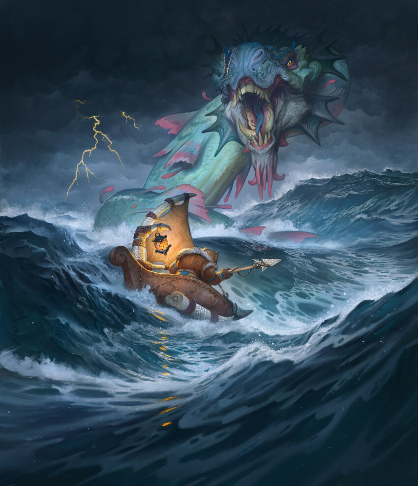 1other blizzard blizzard_(company) boat canoe creature dark highres justin_gerard monster ocean original sail sea_monster sea_serpent storm thunder warcraft water watercraft waves world_of_warcraft