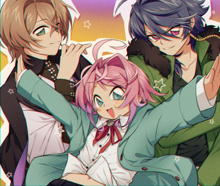 3boys amemura_ramuda arisugawa_dice black_jacket coat faux_retro_artstyle fling_posse gradient_background green_coat green_eyes hair_between_eyes highres hypnosis_mic jacket male_focus multiple_boys open_mouth outstretched_arms pink_hair red_ribbon ribbon shirt short_hair spread_arms white_shirt yumeno_gentaro zudzuki