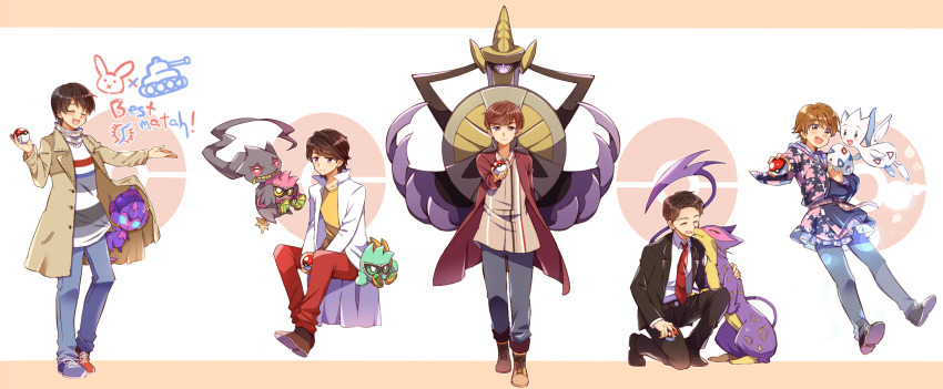 5boys aegislash banette coat crossover egg formal_clothes gen_2_pokemon gen_3_pokemon gen_5_pokemon gen_6_pokemon gen_7_pokemon highres houjou_emu kamen_rider kamen_rider_build_(series) kamen_rider_drive_(series) kamen_rider_ex-aid_(series) kamen_rider_ghost_(series) kamen_rider_zi-o_(series) kiryuu_sento lab_coat liepard multiple_boys necktie nintendo on_one_knee poipole poke_ball poke_ball_symbol pokemon pokemon_(creature) pokemon_egg smile standing suit tenkuuji_takeru togetic tokiwa_sougo tomari_shinnosuke ultra_beast yoshino_(gunform)