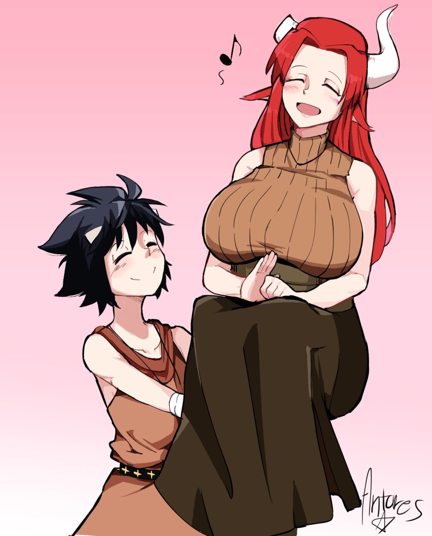 2girls animal_ears antares_topaz bandaged_arm bandages bare_shoulders belt black_belt black_hair blind blush breasts carrying cheering closed_eyes commentary cow_ears cow_girl cow_horns cygni_boreas_lluminal english_commentary ganymede_(antares_topaz) happy high_collar highres horns huge_breasts long_hair multiple_girls musical_note open_mouth red_hair short_hair signature skirt smile spoken_musical_note star_linker strong tongue